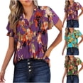 thumbnail image 6 of Lovskoo 2024 Women's Floral Print V Neck Ruffle Short Sleeve Trendy Bohon Hawaiian Shirt with Button Top Blouse Green S, 6 of 6
