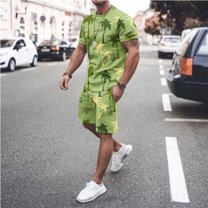 Edvintorg Hawaiian Outfits for Men Prined Short Sleeves Casual Beach Short Sleeve Round-Neck Shirts and Shorts Sets 2 Piece Set Plus Size Fashion Suits Green L