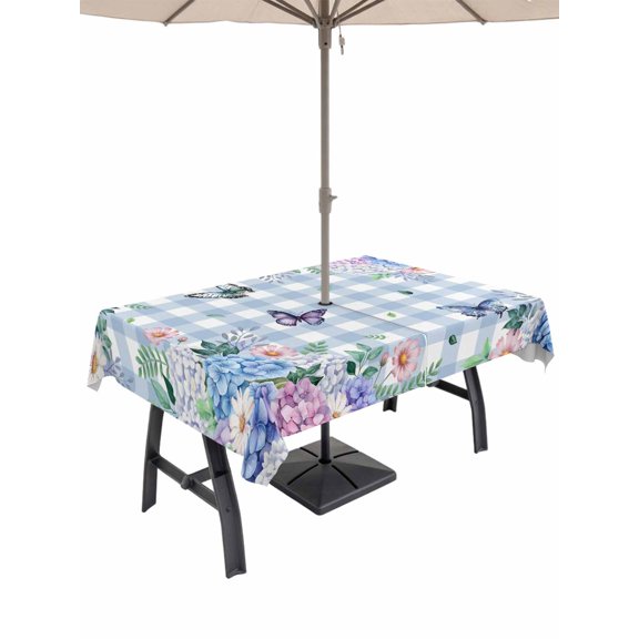 Outdoor Tablecloth with Umbrella Hole for Patio/Picnic/Party/Camping, Watercolor Flowers Waterproof Table Cloth Rectangle Table Cover Washable, Spring Floral Butterflies Blue Plaid (60"x 84")