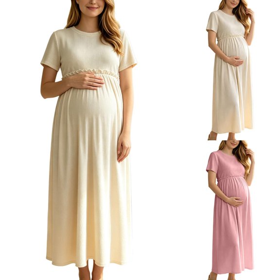 UKHCCC Women's Maternity Maxi Dress, Short Sleeve Crew Neck A-Line Waffle Texture Stretchy High Waist Long Dress for Casual Pregnancy Wear