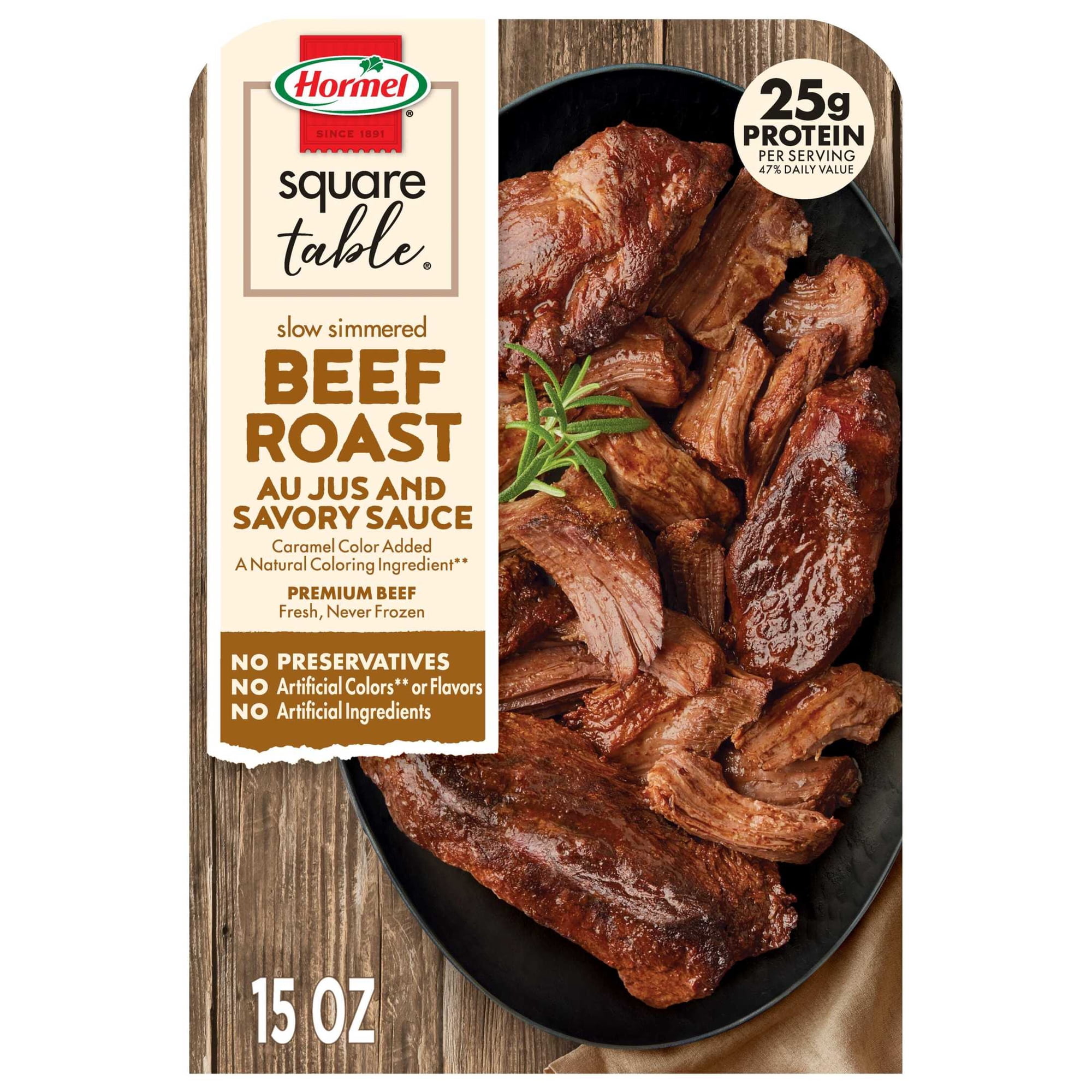 HORMEL SQUARE TABLE Slow Simmered Beef Roast Au Jus and Savory Sauce, Refrigerated, 15 oz Plastic Microwaveable Tray
