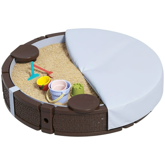 47" Outdoor Kids Sandbox with Lid, 3 Built-in Seats, Waterproof Liner for Backyard, Garden, Beach, Patio, Lawn Play Area, Brown