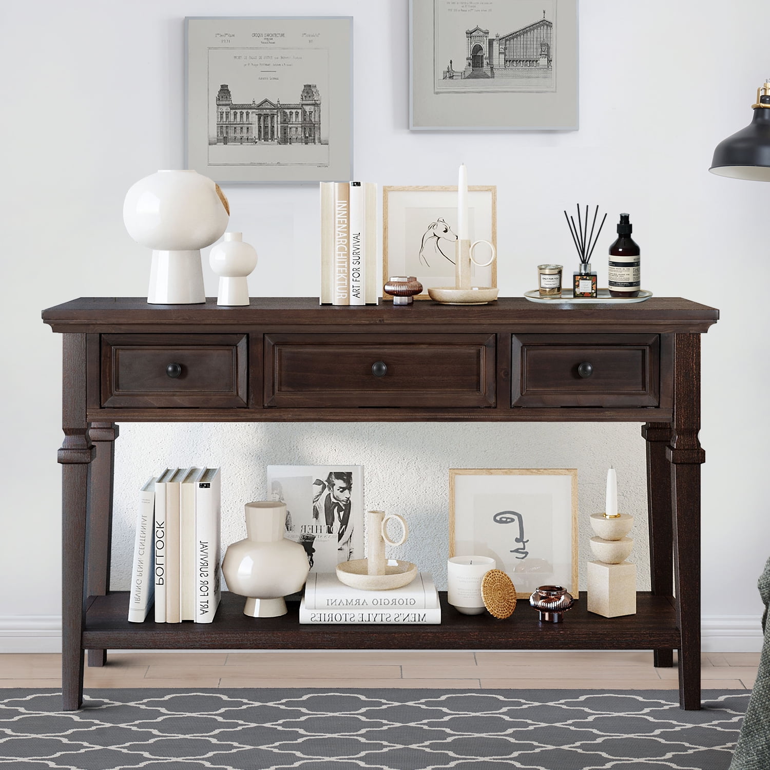 Classic Retro Style Wood Console Table, Open Style Bottom Shelf Console