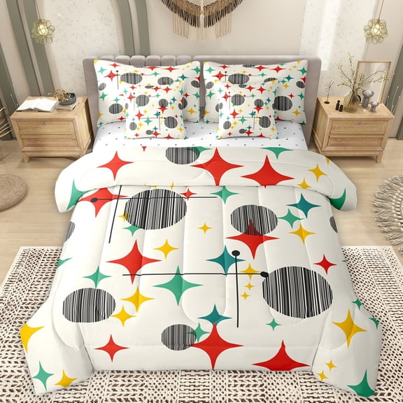 Manfei Modern Geometric 7-Piece Twin Bedding Sets,Rhombus Circle Pattern Bedding Comforter Set,Black Beige Red Sheet Sets For Men Women,Breathable Home Decor Reversible