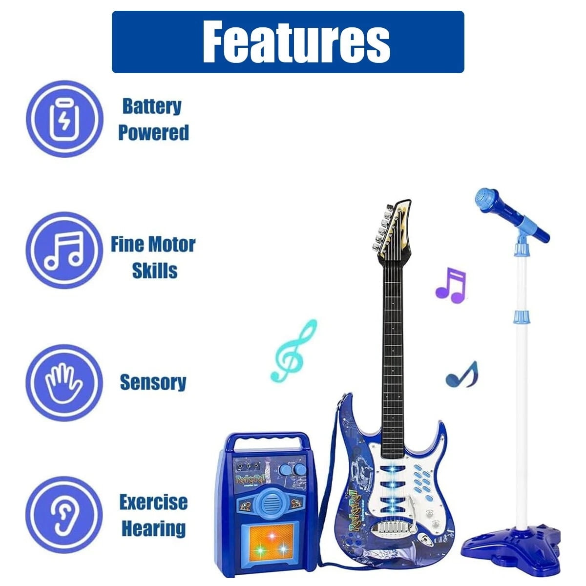iMeshbean Kids Electric Guitar Beginner Musical Guitar Play Set w/ 6 Demo Songs, Amplifier, Microphone, Whammy Bar, AUX- Blue