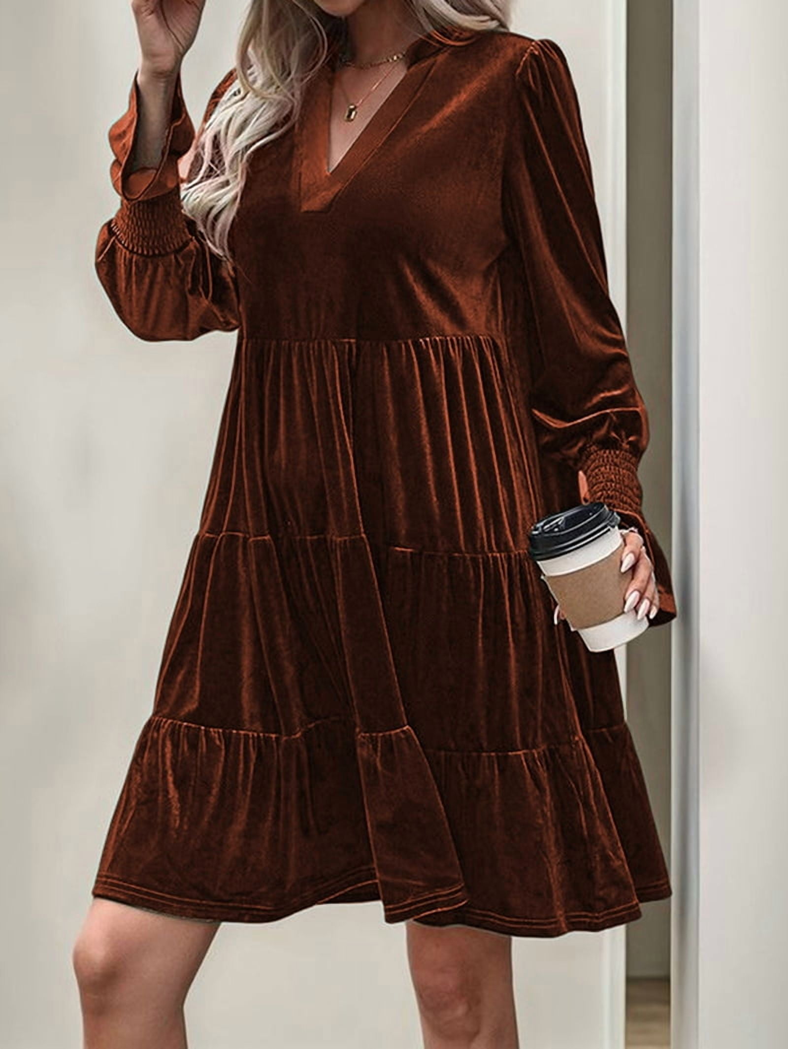 Women'S Elegant Velvet Long Sleeve Dress Casual Fall V Neck A Line Babydoll Flowy Formal Wedding Party Mini Dress Burn Orange M