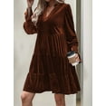 thumbnail image 2 of Women'S Elegant Velvet Long Sleeve Dress Casual Fall V Neck A Line Babydoll Flowy Formal Wedding Party Mini Dress Burn Orange L, 2 of 6