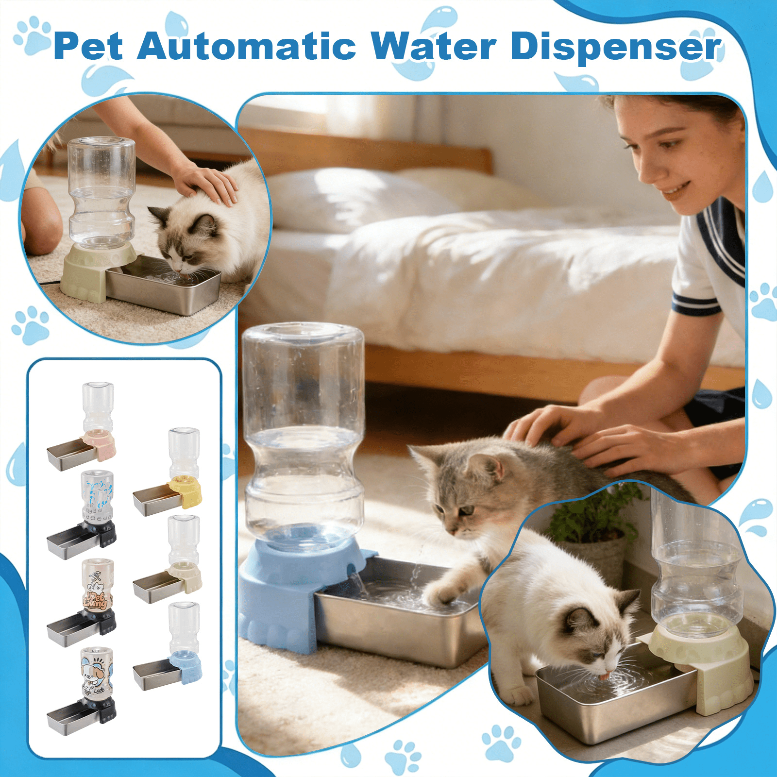 Automatic Pet Water Dispenser with Stainless Steel Bowl – Large Capacity Gravity Waterer for Cats and Dogs,Anti-Slip and Tip-Proof Fountain
