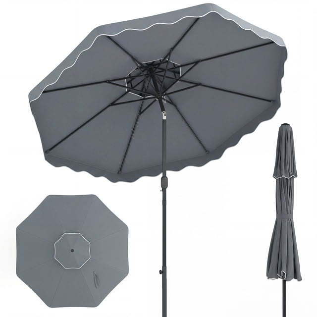 Gymax 9 FT Patio Umbrella w/Push Button Tilt & Crank 2-Tier Vented Top 8 Metal Ribs Gray