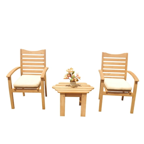 Grade-A Teak Dining Set: 2 Seater 3 Pc: Adirondack Side Table And 2 Aspen Stacking Arm Chairs Outdoor Patio WholesaleTeak #51AP0003