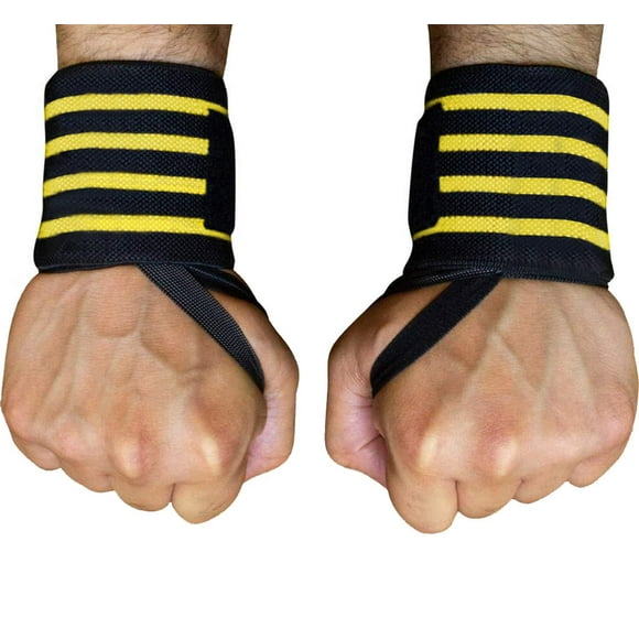 WOD Nation Bracelets de Poignet pour Gym et Musculation (18 Pouces) - Bracelets de Poignet Essentiels pour Musculation et Soutien pour Performance Optimale de Musculation pour Femmes et Hommes - Noir/jaune