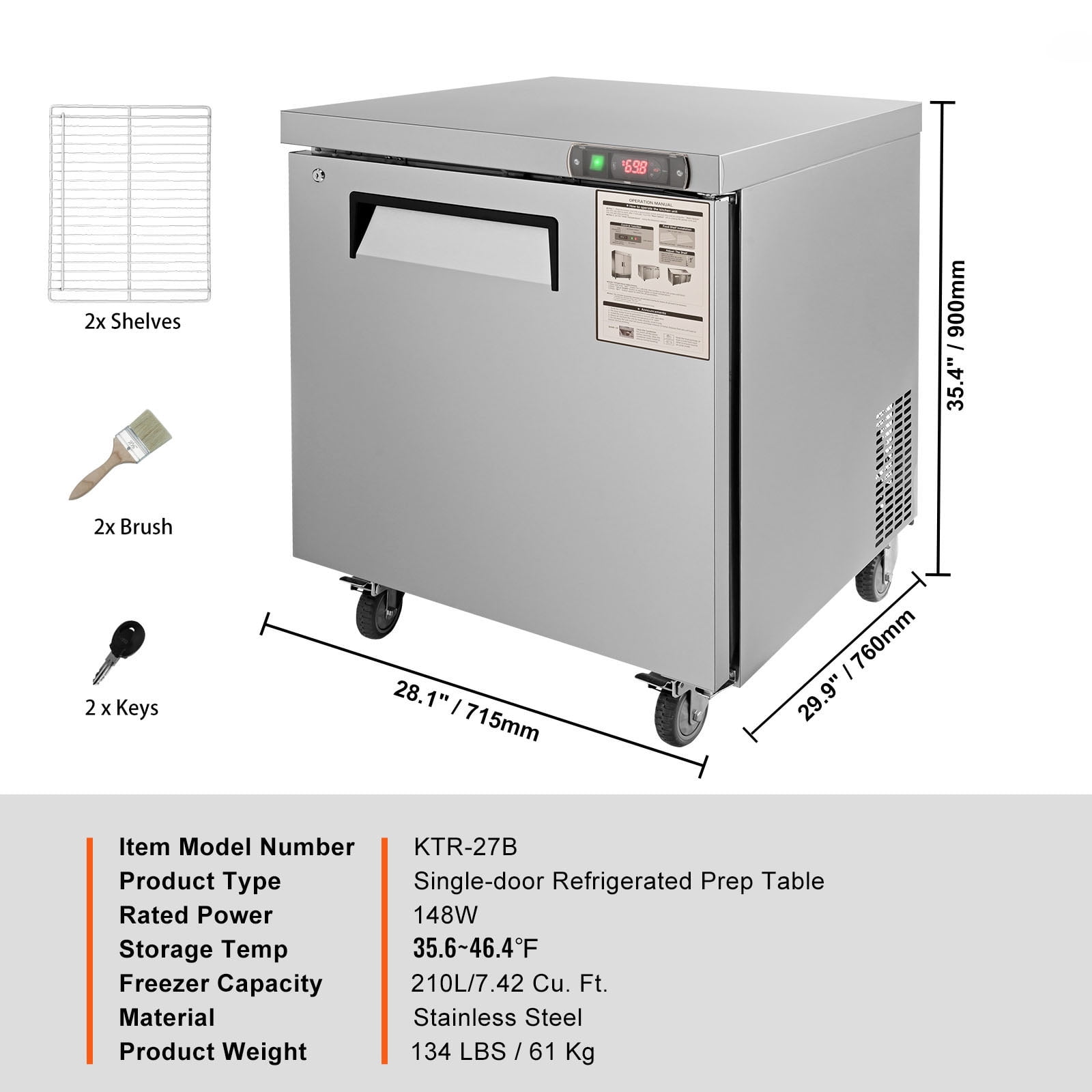 KFFKFF 28-inch Stainless Steel Undercounter Refrigerator, 7.4 Cu. Ft., with Fan Cooling and Lockable Door, Perfect for Kitchens and Bars