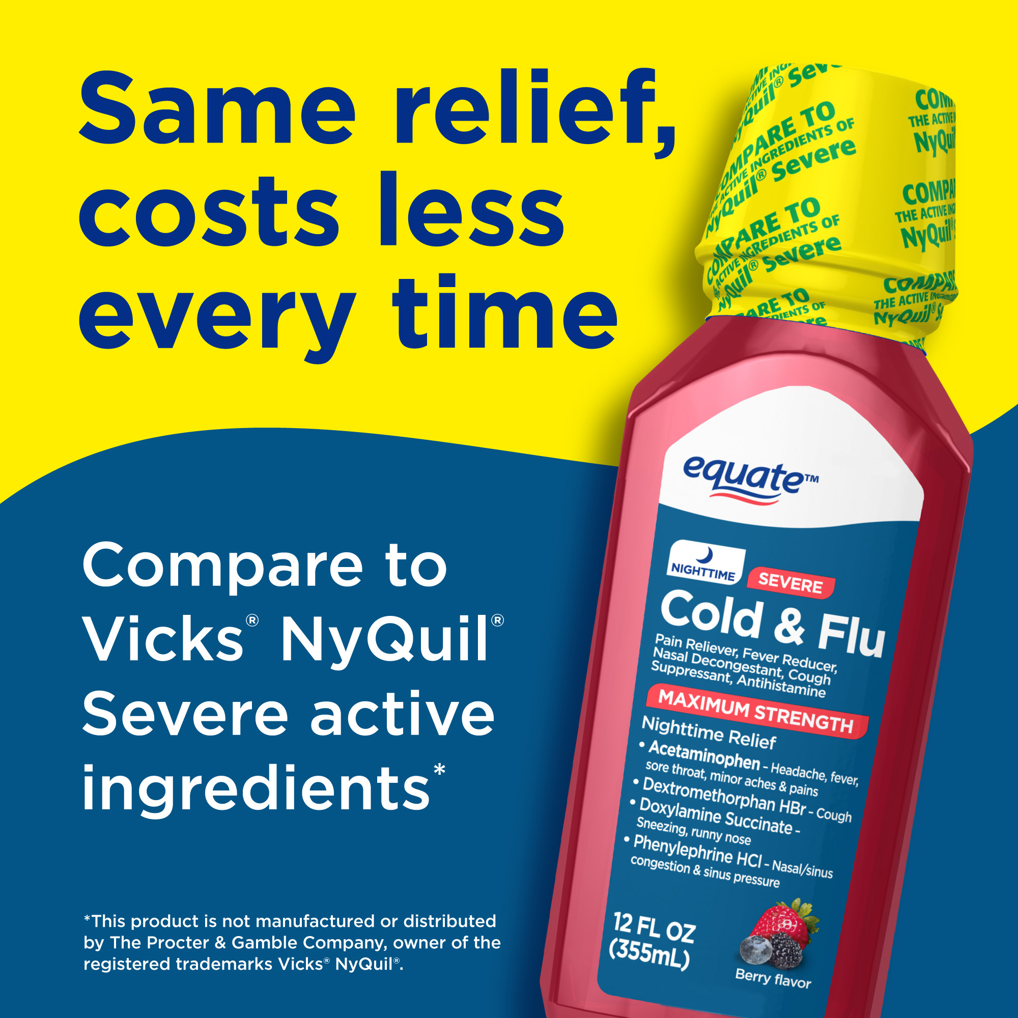 Medicamento para resfriado y gripe nocturno de máxima resistencia Equate, Sabor a bayas, 12 fl oz, para adultos, comparable a los ingredientes activos de Vicks NyQuil Severe 3
