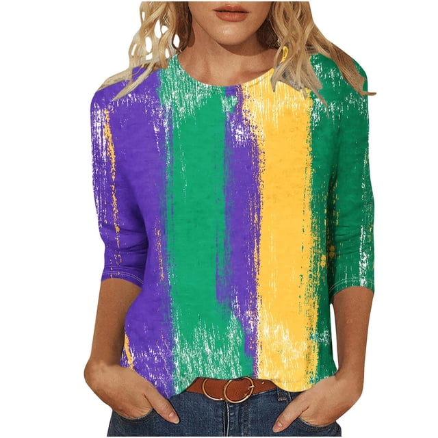 Penkiiy T-shirt Blouse Décontractée à Col Rond Manches 3/4 Mode Mardi Gras pour Femmes 3TG Multicolore