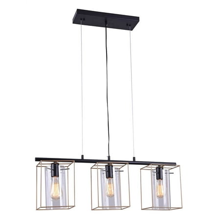Warehouse of Tiffany Leena Black 3-Light Linear Chandelier with Clear Cylinder Glass Shade