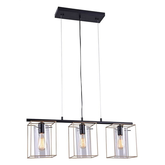 Warehouse of Tiffany Leena Black 3-Light Linear Chandelier with Clear Cylinder Glass Shade