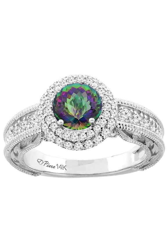 14K Yellow Gold Natural Mystic Topaz & Diamond Halo Ring Round 6 mm, size 7