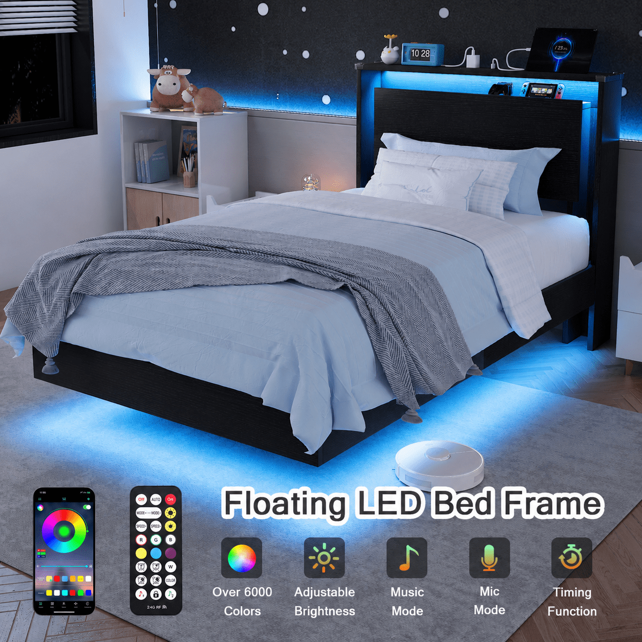Einhomn Twin Size Floating Bed Frame with  LED Lights & Charging Station,Wood Platform Bed Frame with Storage Headboard,Noise Free,No Box Spring Needed,Easy to Assemble-Black