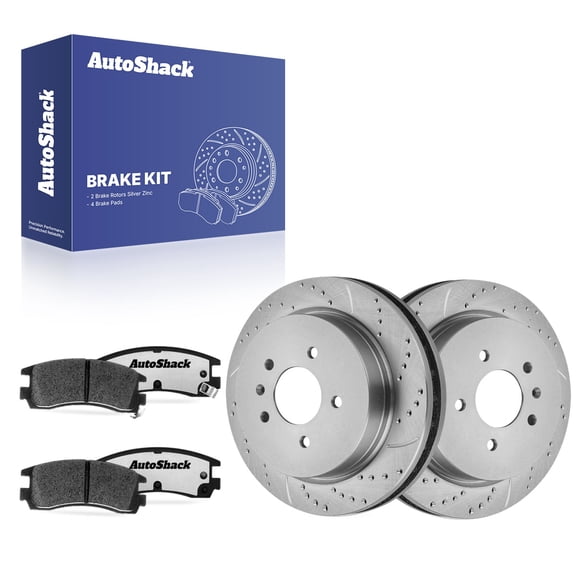 AutoShack Rear Vented Drilled & Slotted Silver Zinc Coated Brake Rotors   Ceramic Pads 6-PC Brake Kit Replacement for 2003-2004 Cadillac Seville SilverShield Pro 11.73" (298 mm)