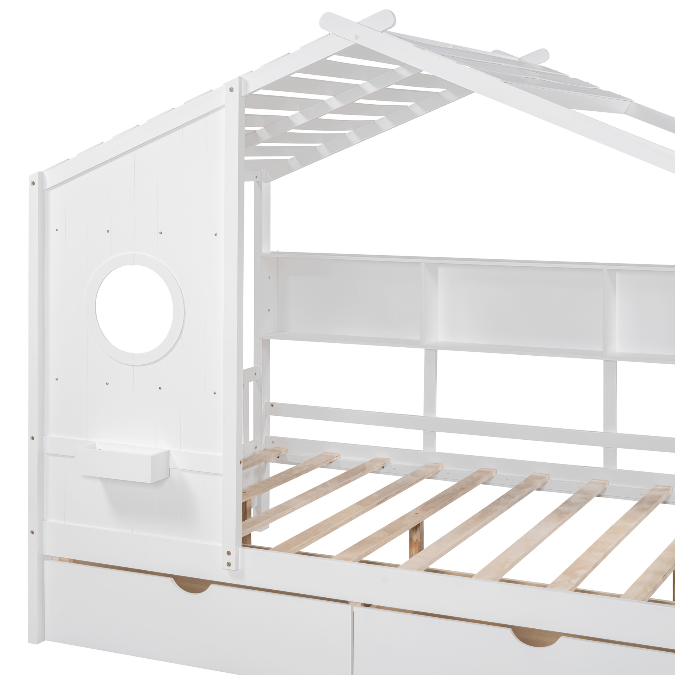 Noble House Wooden Full Size House Bed with 2 Drawers,Kids Bed with Storage Shelf, White