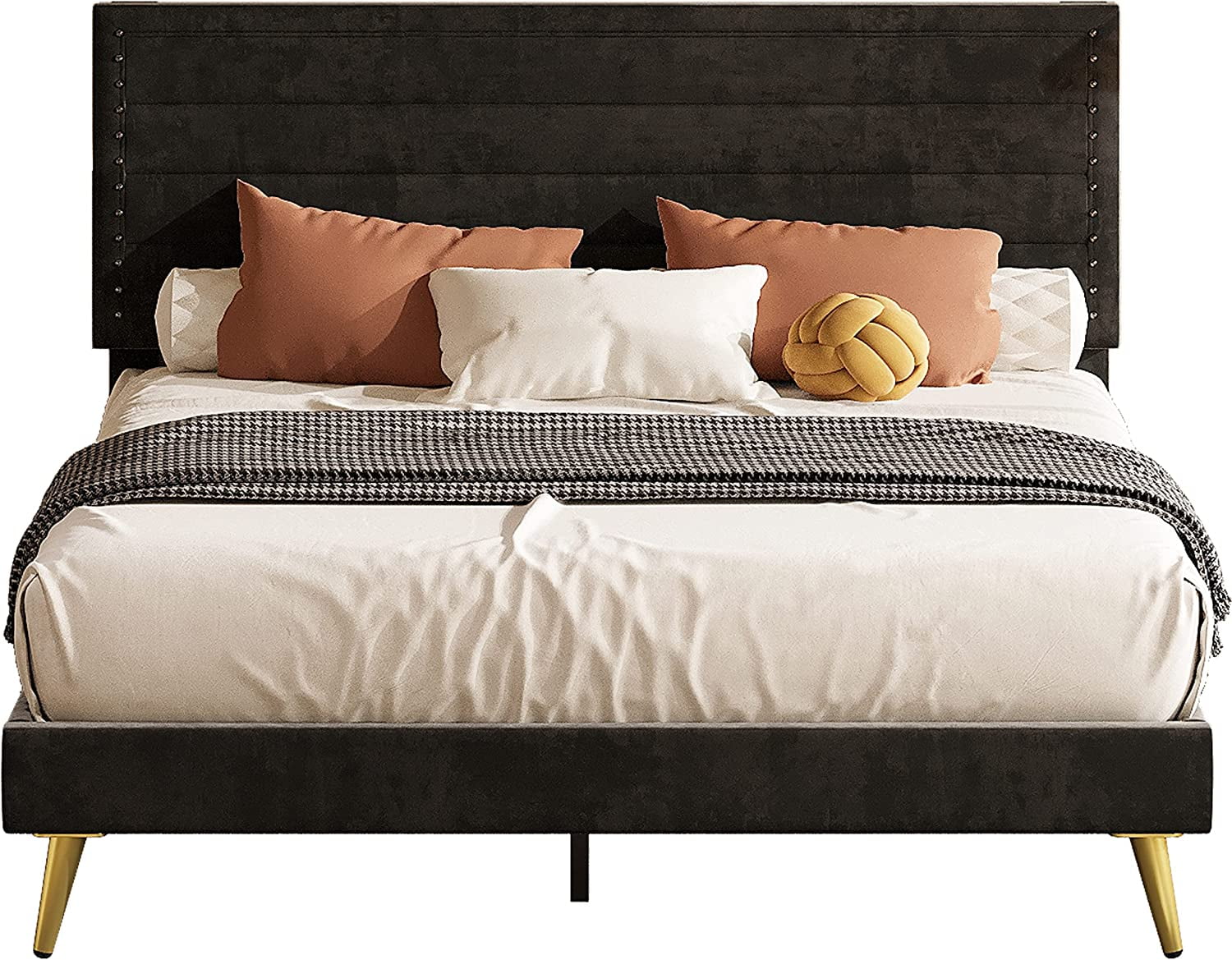 LIKIMIO Full Bed Frame, Upholstered Full Platform Bed with Headboard