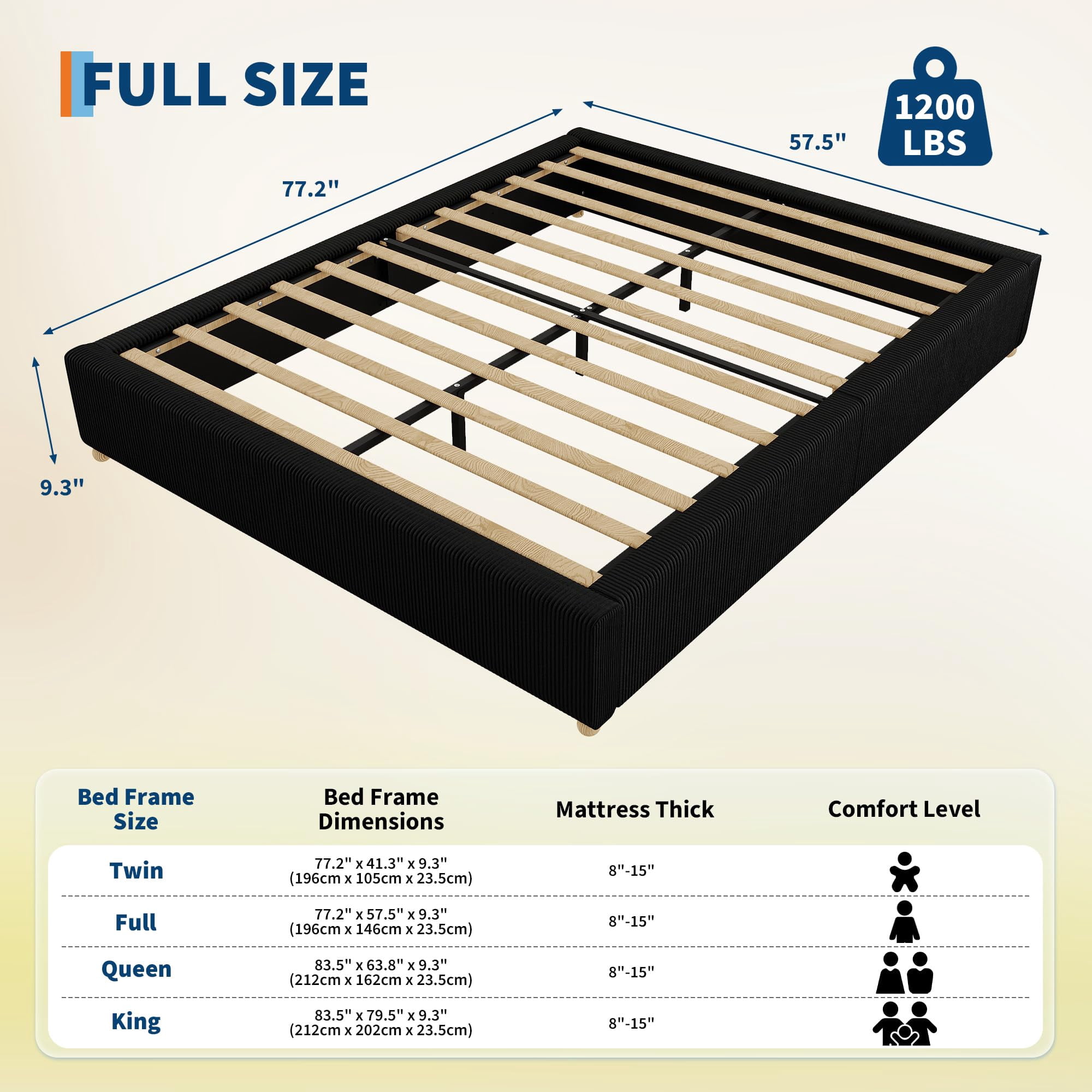 FULL Cloud Bed Frame. Teddy Fleece / Corduroy Upholstered Platform Bed with  Wood Legs, No Box Spring, Easy Assembly