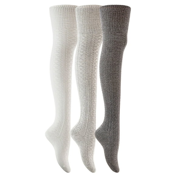 Lian LifeStyle Women's 3 Pairs Fashion Thigh High Cotton Socks JMYP1025 Size 6-9(Dark Grey, Grey, Cream)