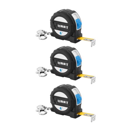 HART 3-Pack 6-Foot Compact Measuring Tape Keychain, Wide-Blade