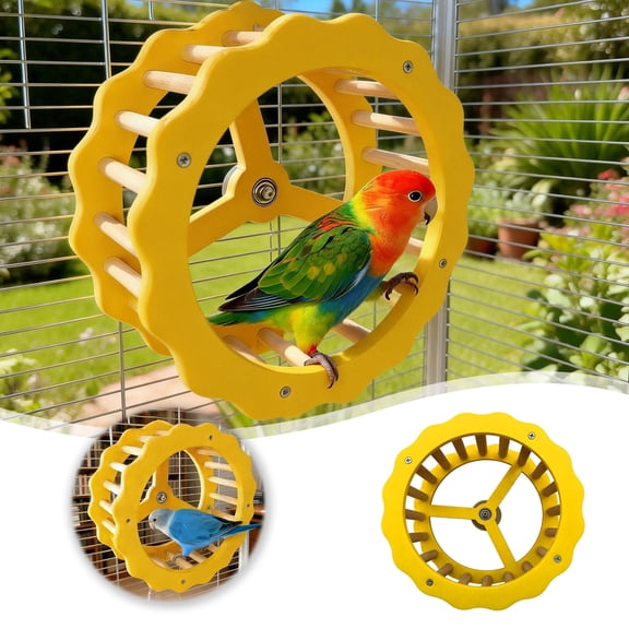 HEWANG Bird Stand Perch Toy, Interactive Spinning Parakeet Toys, Wooden Exercise Wheel Parrot Toy, Intelligence Puzzle Enrichment Toys,Bird Playground Play Stands for Conure Budgie (Yellow1)
