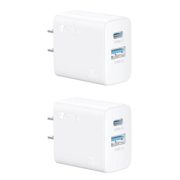 1 Hora 2 Paquete Cargador Tipo C con 2 Puertos Carga Rápida, Cubo Cargador USB C PD 20W + USB A QC 1