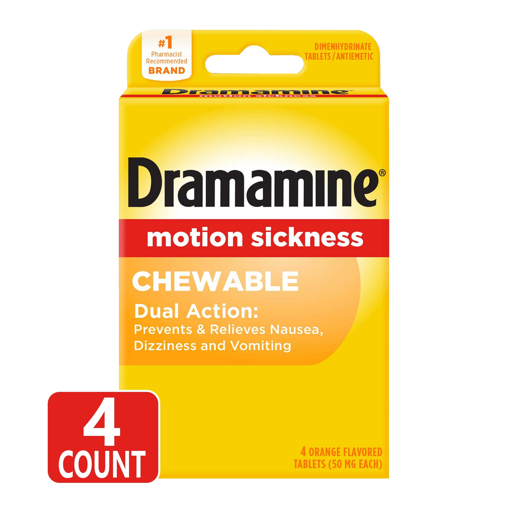 Dramamine Chewable, Motion Sickness Relief, Orange Flavor, 4 Count