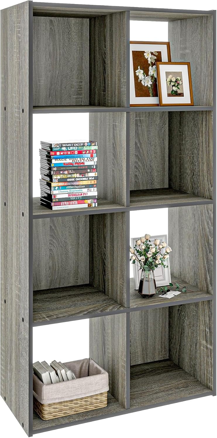 8 Cube Bookcase and Bookshelf, Freestanding Display Storage Shelves, Wooden Book Organizer for Living Room, Bedroom, Kids Room, Grey