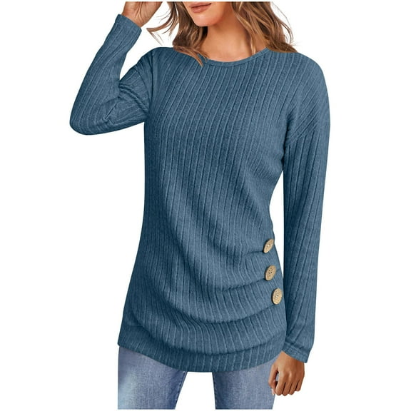 EchfiProm Womens Blue Shirts Long Sleeve Trendy Tunic Tops Crew Neck Ribbed Pullover Relaxed Fit for Ladies