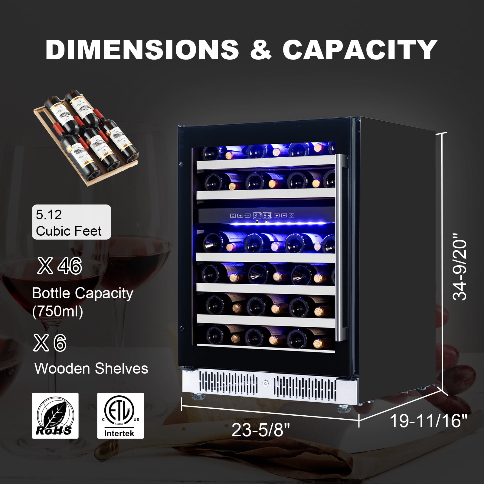 Luchar Wine Fridge 24 Inch, 46 Bottles Wine Cooler with Temperature Memory & Touchscreen Design, Double UV Glass Door and Removable shelves, Black