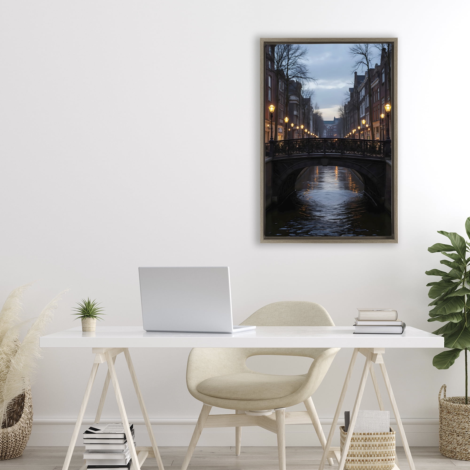 Stupell Industries Lantern Light over Quiet Canal Brown Framed Floater Canvas Wall Art, design by Creative Studio