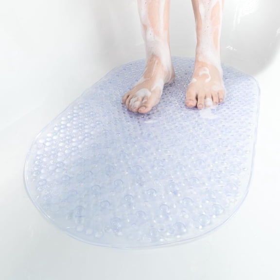 Non Slip Shower Mat Oval Bath Tub Mat with Suction Cups and Drain Holes PVC 15x27 Inches Anti-Mold Machine Washable Bath Mat Clear