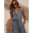 thumbnail image 4 of Women'S Denim Scoop Neck Sleeveless Drawstring Waist Jumpsuits Overall Rompers Blue S, 4 of 9