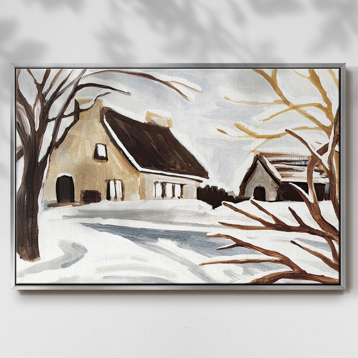Winter Cottage II - Framed Gallery Wrapped Holiday Canvas - 27 x 41 - Silver Frame