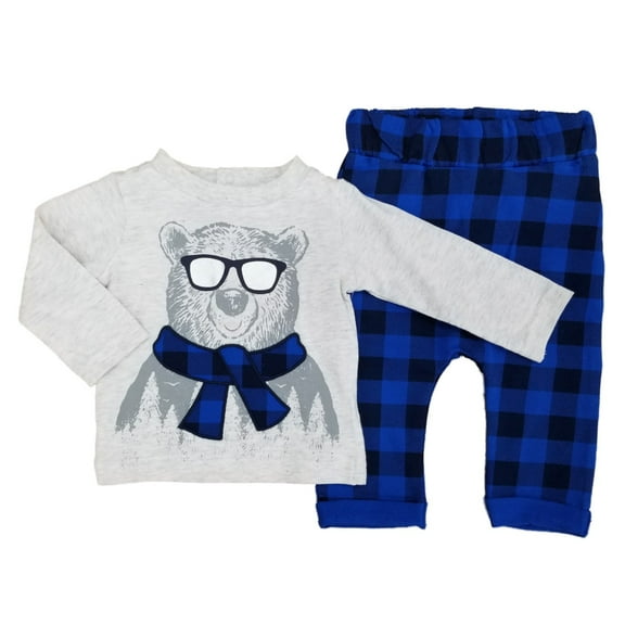 Infant Boys 2-Piece Polar Bear Long Sleeve T-Shirt & Plaid Pants Set