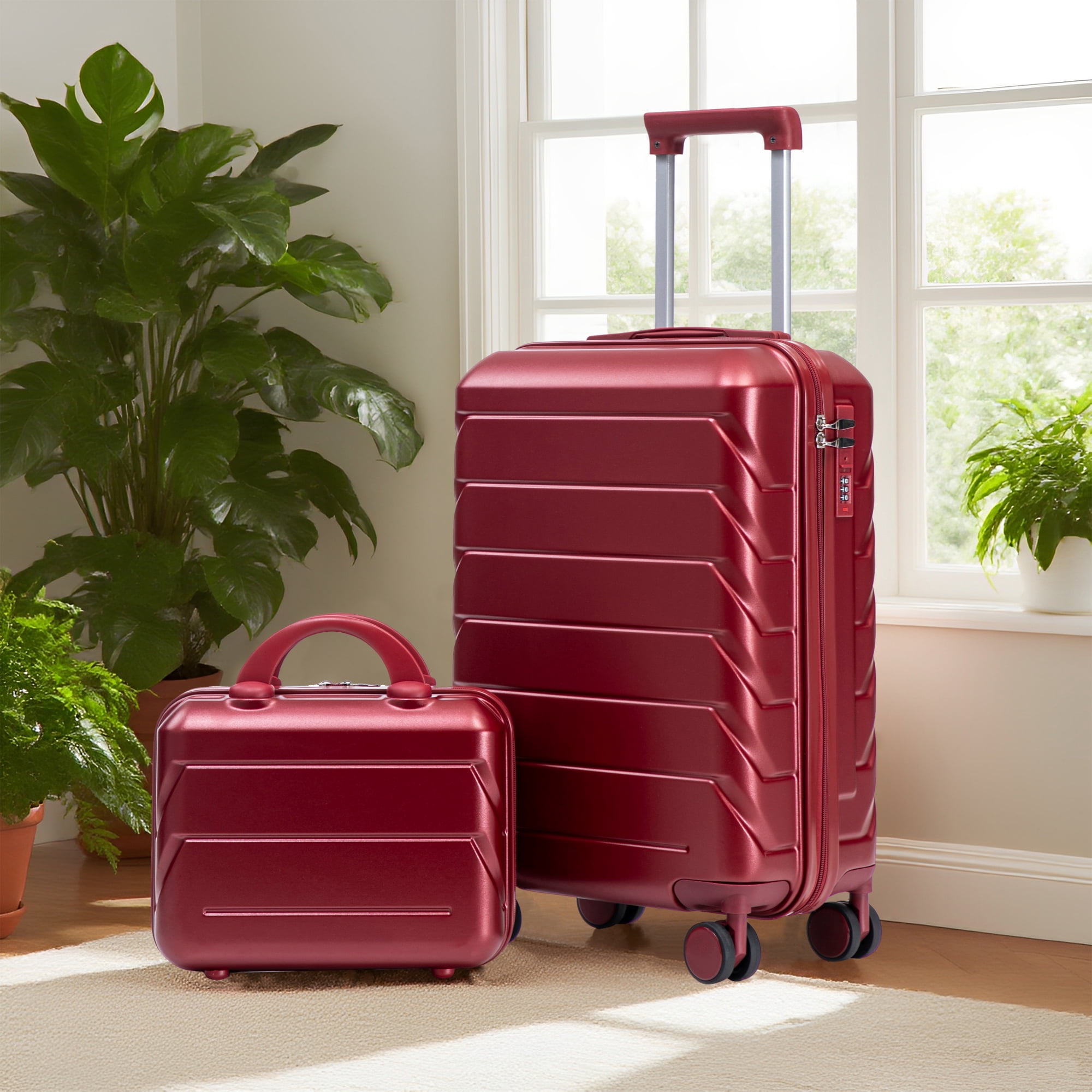 14"/20" 2 pcs/set in ABS Spinner Wheel Luggage, with Combination Lock, 14" Cosmetic Case (Wine Red)