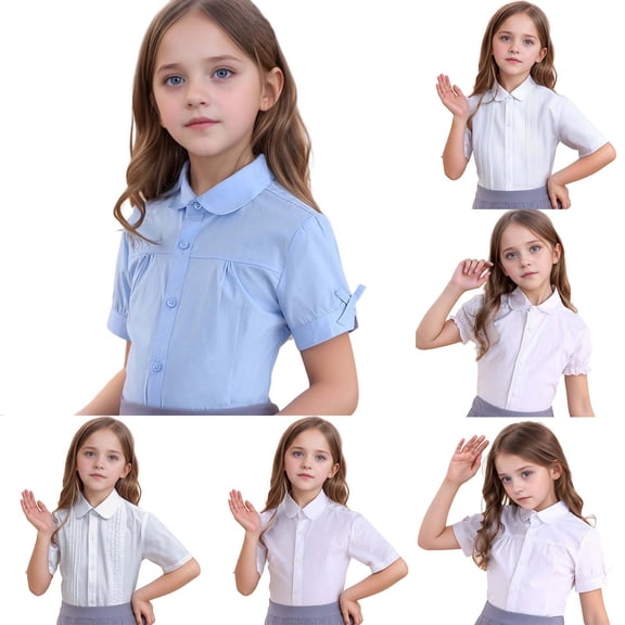 Girls Button Down Shirt Short Sleeve Collared School Uniform Blouse Kids Casual Tops School Clothes for Girls Size 3-16T