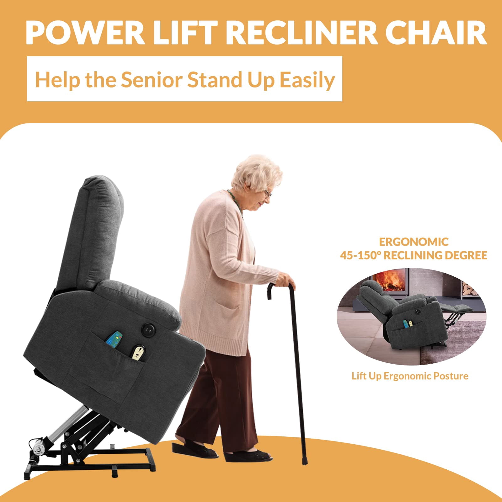 W WARMHOL Electric Power Lift Recliner Chair with Heat and Massage Lift Recliner for Elderly, Single Sofa recliners for Living Room with Cup Holders, 4 Pockets, USB Ports, Soft Fabric (Gray)
