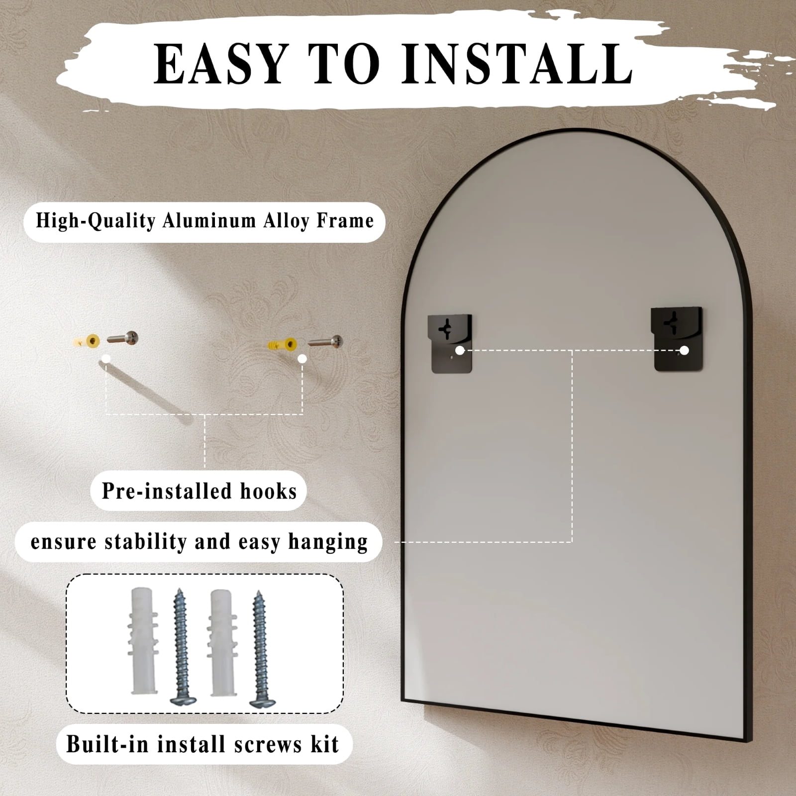 GRAHMCY 40"x30" Arched Bathroom Mirror Wall Mirror With Aluminum Alloy Frame, Black