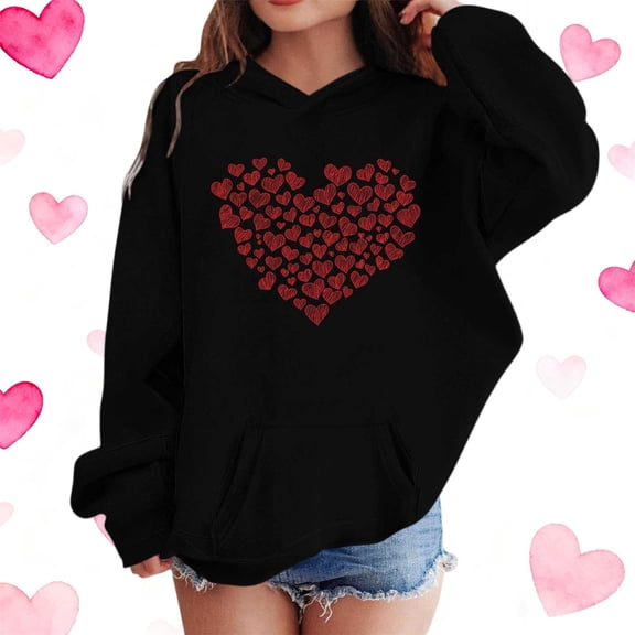 Girls Valentine Heart Print Hoodie Kids Cute Oversized Pullover with Pocket 3-4 5-6 7-8 9-10 11-12 13-14 Years Black,Size 5-6 T