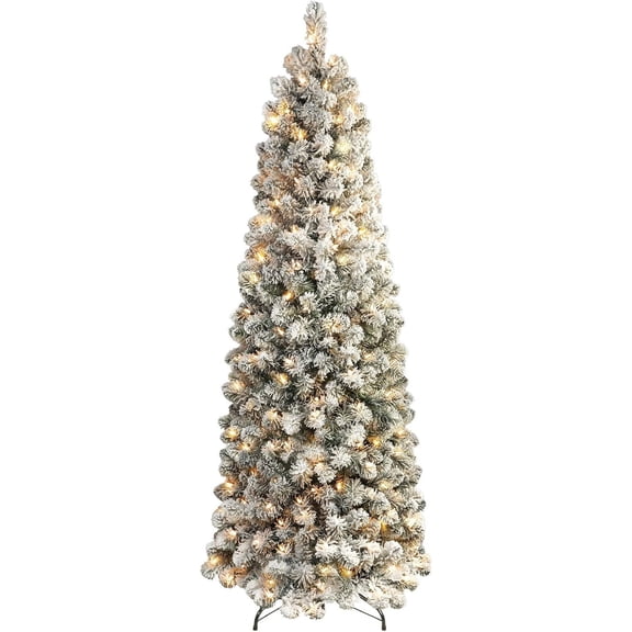 SHareconn 6ft Prelit Snow Flocked Artificial Hinged Slim Pencil Christmas Tree with Warm White Lights, Full Branch Tips, Perfect Choice Decoration for Xmas Holiday, 6 FT, Flocked Green