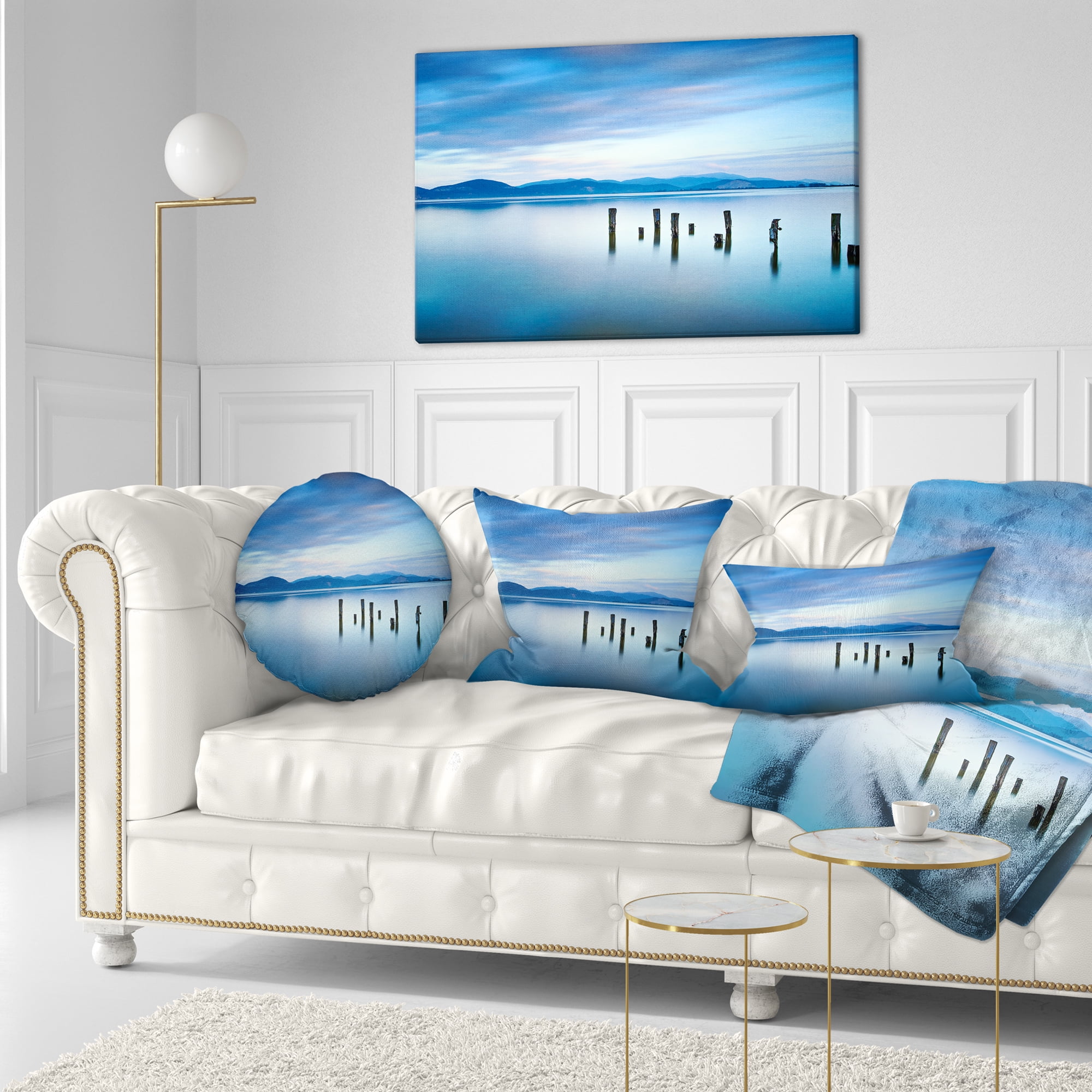 Designart Cloudy Sky in Blue Sea - Seascape Throw Pillow - 12x20