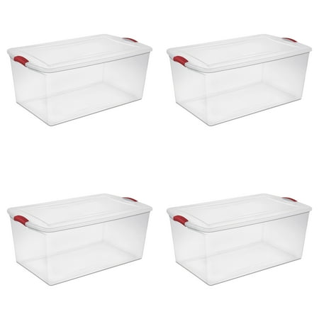 Sterilite Large Storage Bin, 105 Quart Clear Plastic Storage Bin with Latch Lid, Red, Pack of 4