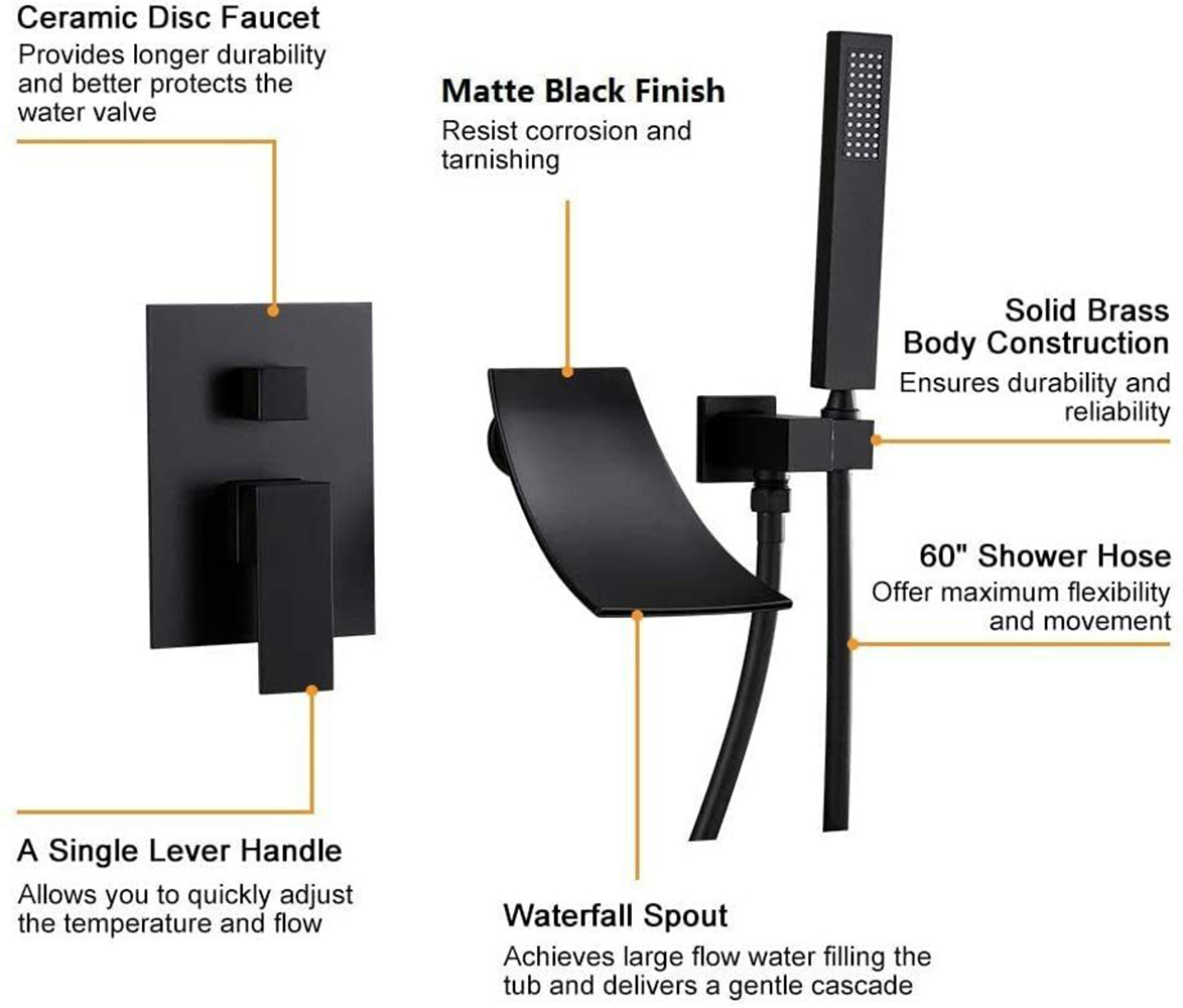Wall Mount Bathroom Faucet Black Waterfall Basin Sink Bathtub Filler Mixer Tap