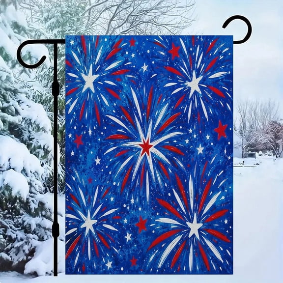RKSupls Patriotic Linen Double Sided Garden Flag, Independence Day Themed Yard Decor, Fireworks Burst Star Celebration Outdoor Banner for Holiday Lawn