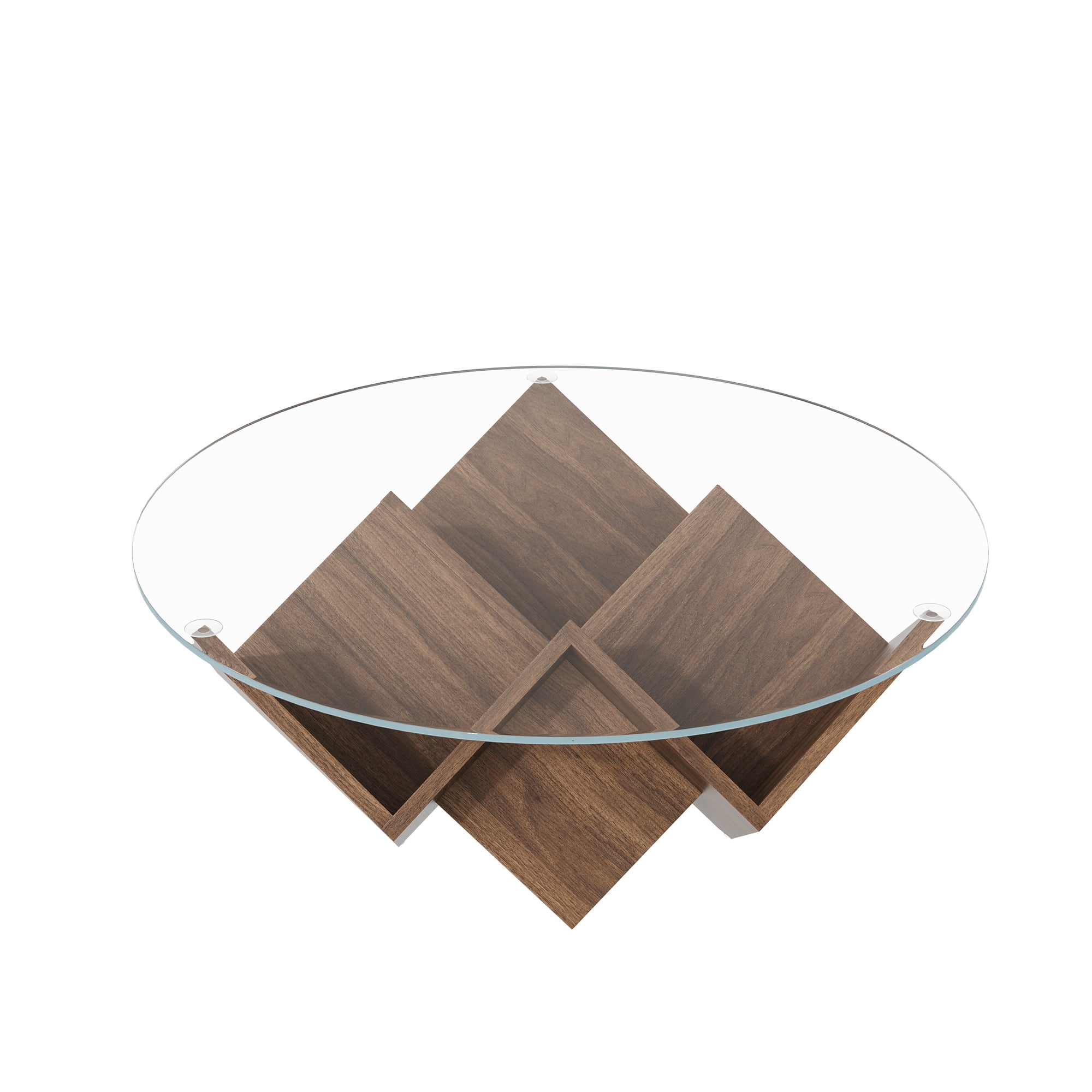 35.4-Inch Round Coffee Table with Tempered Glass Top and Geometric Art Deco Base, Storage Shelf Table and Center Table for Living Room, Walnut